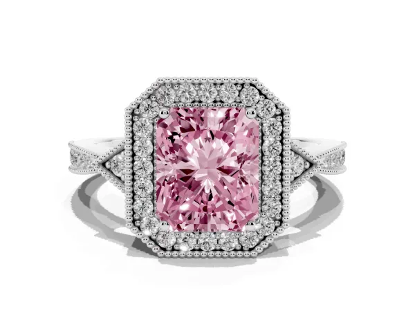 Fancy Pink Radiant Cut Halo Round Diamond Milgrain Pave Engagement Ring Platinum