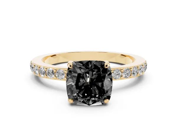 Fancy Black Cushion Cut Diamond Solitaire Engagement Ring with Pavé Band and Four-Prong Setting Yellow gold