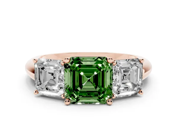 Fancy Green Three-Stone Asscher Cut Cut Diamond Engagement Ring with Prong Setting on a White Gold Band Rose gold