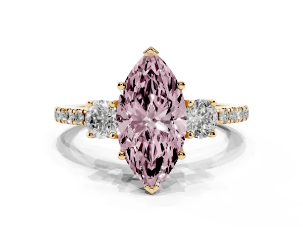 Fancy Pink Three-Stone Marquise Cut Cut Diamond Pavé Band with Prong Setting Yellow gold