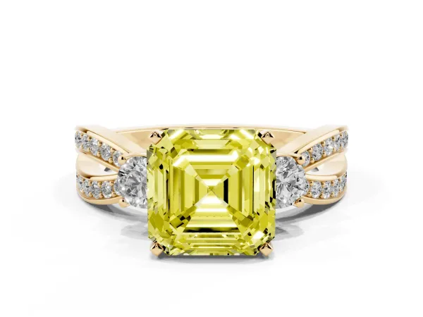 Fancy Yellow Three-Stone Asscher Cut Cut Diamond Twist Band with Prong Setting Yellow gold