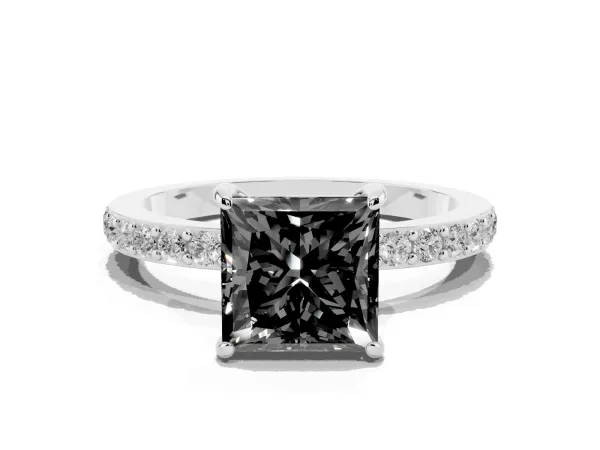 Fancy Black Princess Cut Diamond Solitaire Engagement Ring with Pavé Band and Four-Prong Setting Platinum