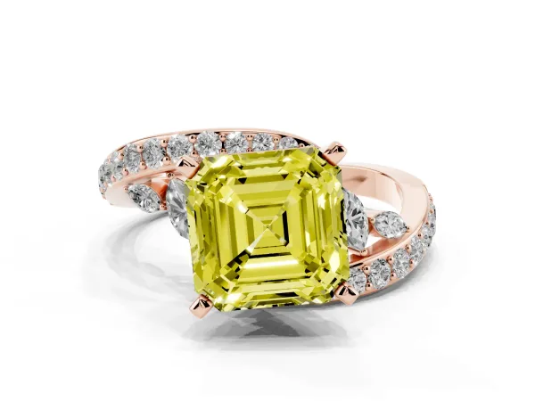 Fancy Yellow Asscher Cut Solitaire with Pavé Twist Band and Four-Prong Setting Rose gold
