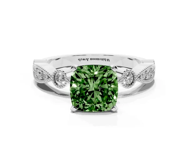 Fancy Green Cushion Cut Milgrain Bezel Diamond Engagement Ring with Solitaire Prong Setting White gold