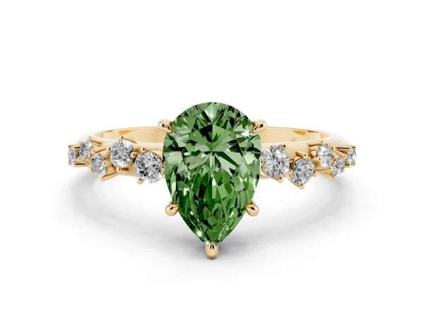 Fancy Green Pear Cut Diamond Cluster Side Stone Solitaire Ring with Prong Setting Yellow gold