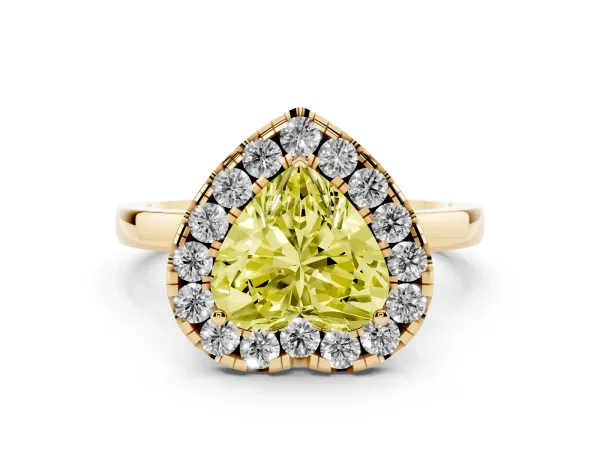 Fancy Yellow Heart Cut Halo Diamond Solitaire with Pavé Band and Four-Prong Setting Yellow gold