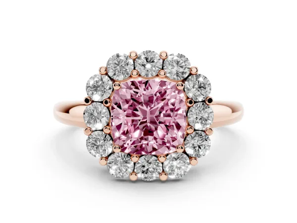Fancy Pink Cushion Cut Halo Cluster Diamond Engagement Ring with Prong Setting and Polished Band Rose gold