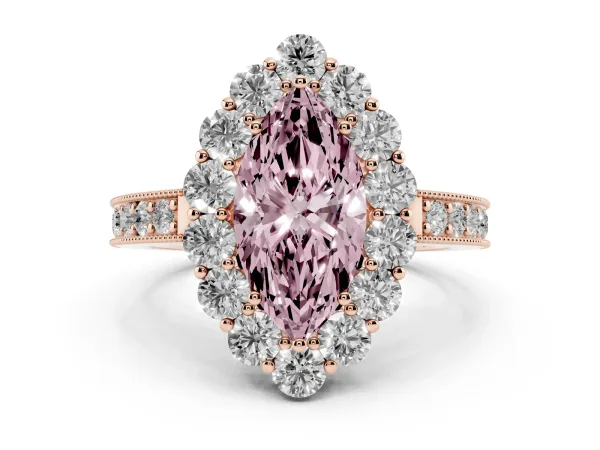 Fancy Pink Marquise Cut Cut Halo Diamond Pavé Engagement Ring with Milgrain Detailing Rose gold