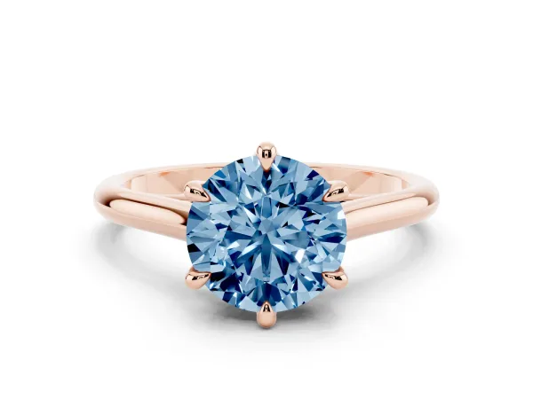 Fancy Blue Round Cut Solitaire Engagement Ring with Six-Prong Setting and Classic Band Rose gold