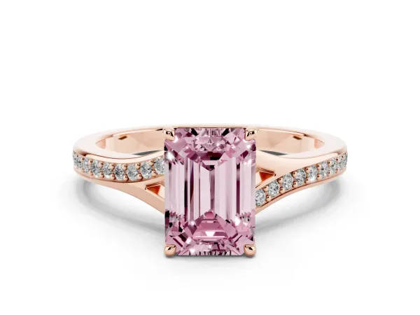 Fancy Pink Emerald Cut Diamond Solitaire Ring with Pavé Band and Prong Setting Rose gold