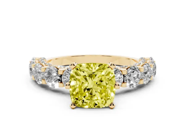 Fancy Yellow Cushion Cut Diamond Side Stone Engagement Ring with Four-Prong Setting Yellow gold