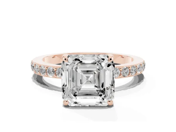 Asscher Cut Diamond Solitaire Engagement Ring with Pavé Band and Four-Prong Setting Rose gold