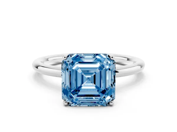 Fancy Blue Asscher Cut Solitaire Diamond Ring with a Classic Band and Four-Prong Setting Platinum
