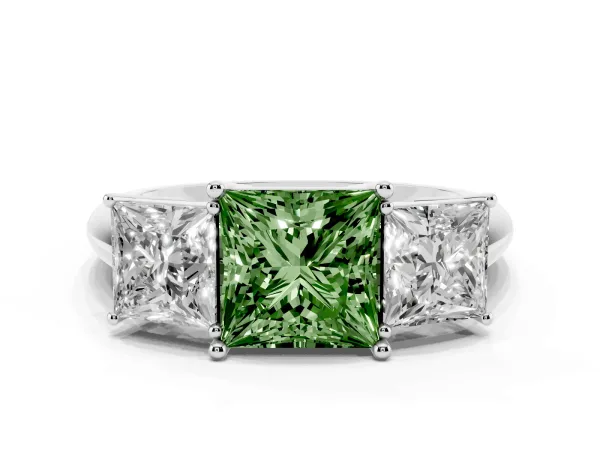 Fancy Green Three-Stone Princess Cut Cut Diamond Engagement Ring with Prong Setting on a White Gold Band White gold
