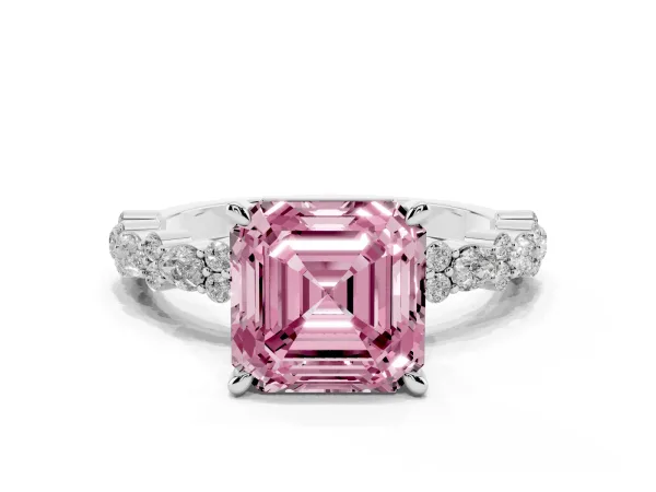 Fancy Pink Asscher Cut Diamond Side Stone Solitaire Ring with Round and Four-Prong Setting Platinum