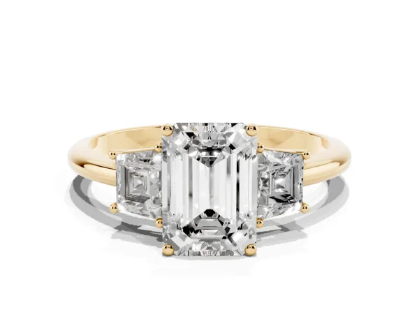 Emerald Cut Diamond Three-Stone Ring with Trapezoid Side Stones and Prong Setting Yellow gold