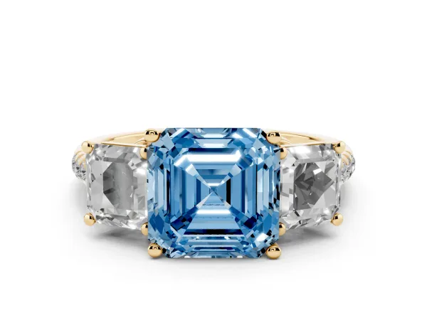 Fancy Blue Three-Stone Asscher Cut Diamond Ring with Round Pavé Band and Prong Setting Yellow gold