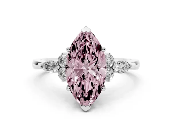 Fancy Pink Marquise Cut Brilliant Diamond Solitaire Ring with Pear Side Stones and Four-Prong Setting Platinum