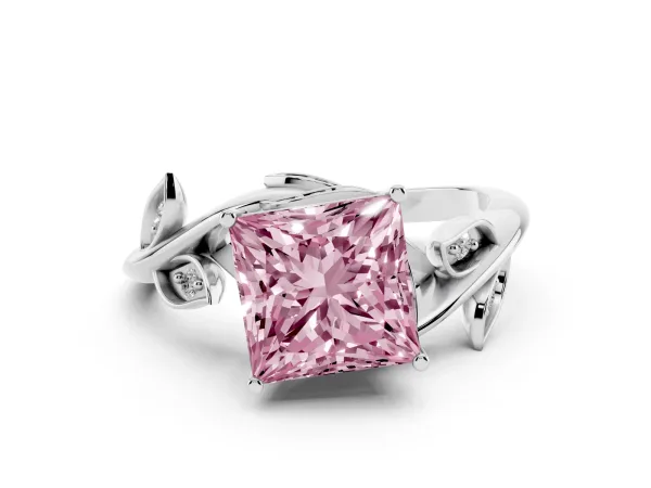 Fancy Pink Princess Cut Solitaire Twist Engagement Ring with Leaf Accents and Prong Setting White gold