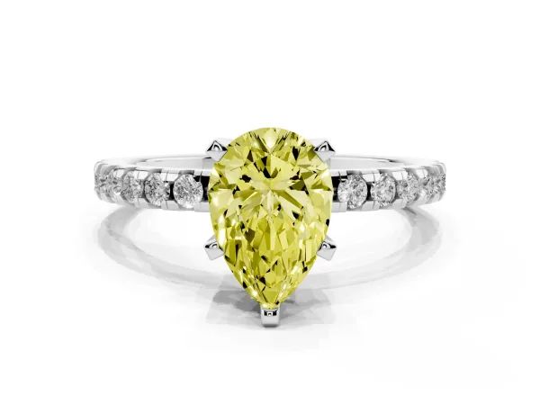 Fancy Yellow Pear Cut Diamond Solitaire Ring with Round Pavé Band and Four-Prong Setting White gold