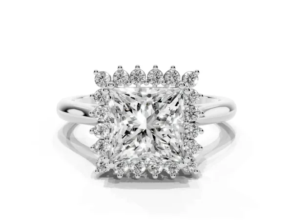 Princess Cut Cut Diamond Halo Ring with Solitaire Band and Prong Setting Platinum