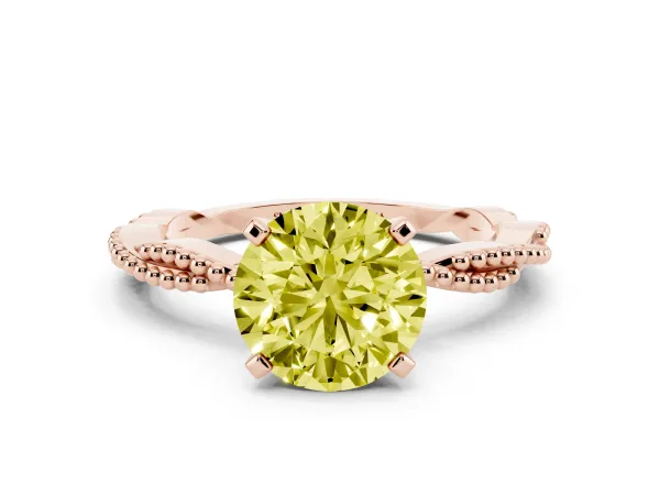 Fancy Yellow Round Cut Solitaire Twisted Band with Bead Prong Setting Rose gold