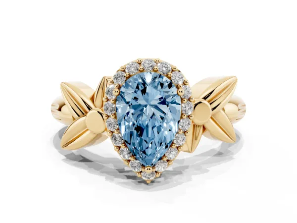 Fancy Blue Pear Cut Halo Diamond Floral Band with Four-Prong Setting Yellow gold