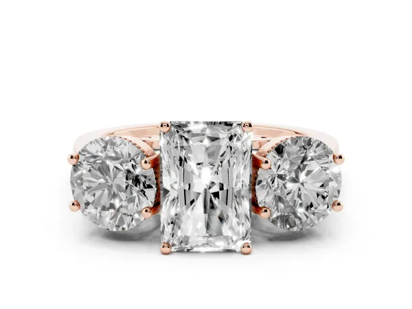 Three-Stone Radiant Cut Diamond Engagement Ring with Prong Setting on a Classic Band Rose gold