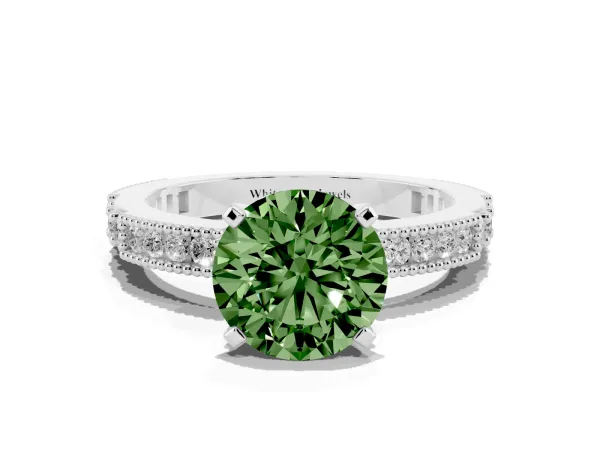 Fancy Green Round Cut Solitaire with Pavé Band and Four-Prong Setting Platinum
