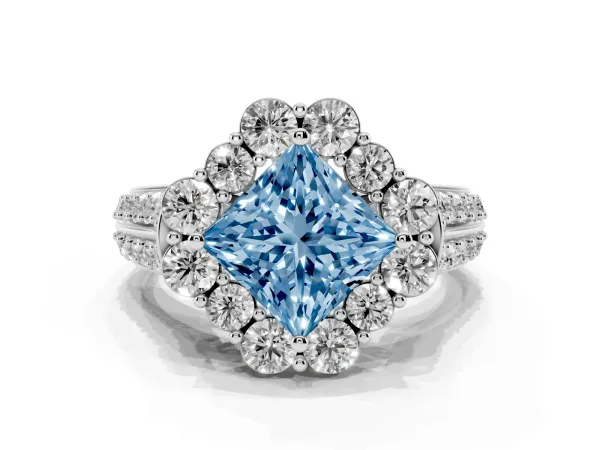 Fancy Blue Princess Cut Halo Diamond Engagement Ring with Split Shank and Prong Setting Platinum