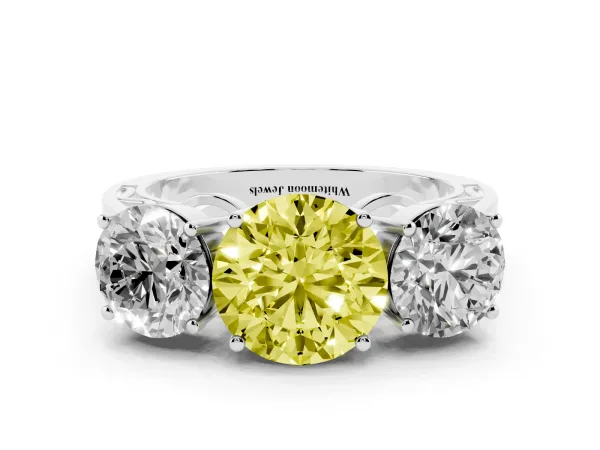 Fancy Yellow Round Cut Diamond Three-Stone Ring with Prong Setting and Textured Band Platinum