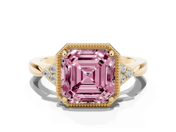 Fancy Pink Hexagonal Halo Asscher Cut Diamond Solitaire with Pavé Band and Four-Prong Setting Yellow gold