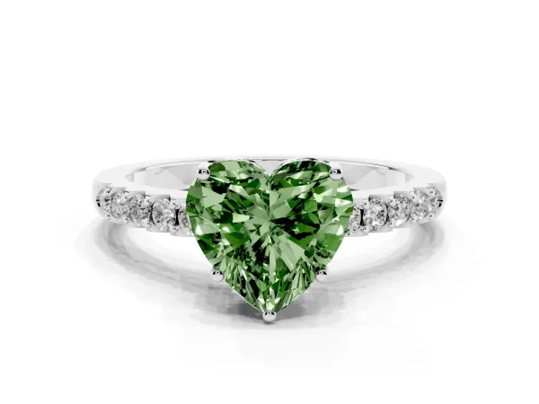 Fancy Green Heart Cut Solitaire Diamond Engagement Ring with Pavé Band and Six-Prong Setting Platinum