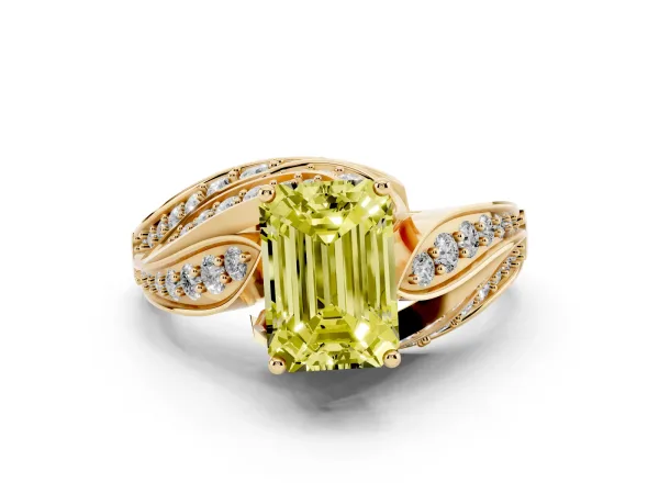Fancy Yellow Emerald Cut Diamond Solitaire Ring with Prong Setting and Twisted Pavé Band Yellow gold