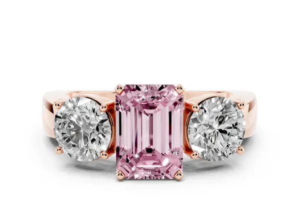 Fancy Pink Three-Stone Emerald Cut Diamond Ring with Round Side Stones, Classic Band, and Four-Prong Setting Rose gold
