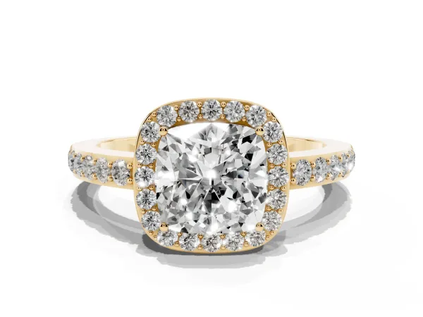 Cushion Cut Halo Diamond Pavé Band Ring with Prong Setting Yellow gold