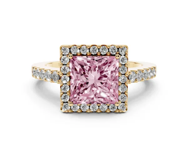 Fancy Pink Princess Cut Halo Diamond Pavé Solitaire Ring Yellow gold