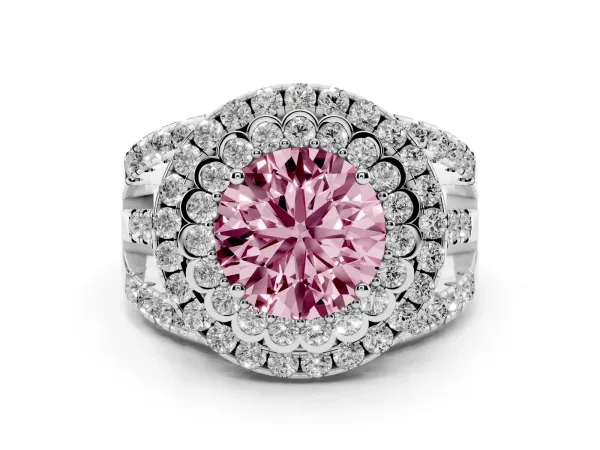 Fancy Pink Round Cut Diamond Double Halo Ring with Round Pavé Split Shank and Prong Setting White gold