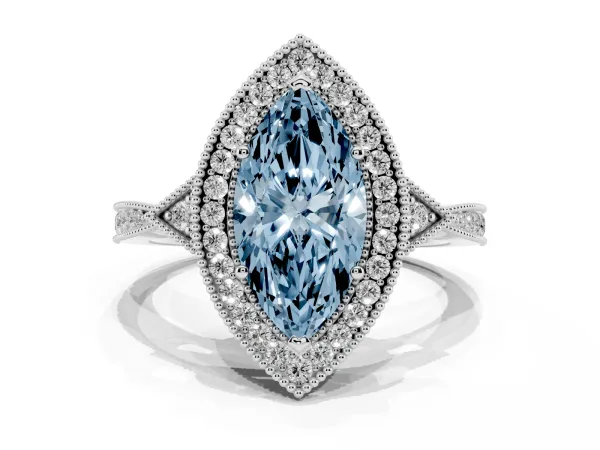 Fancy Blue Marquise Cut Halo Round Diamond Milgrain Pave Engagement Ring Platinum