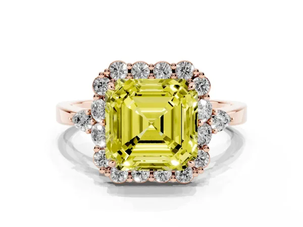 Fancy Yellow Asscher Cut Diamond Halo Ring with Pear Side Stones and Prong Setting Rose gold