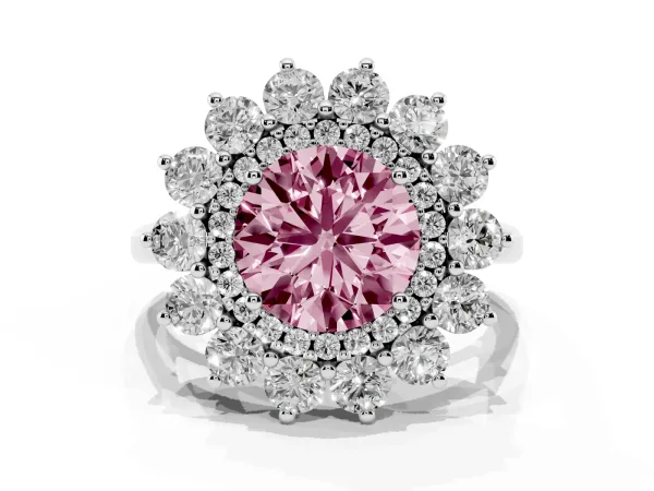 Fancy Pink Round Cut Diamond Floral Double Halo Engagement Ring with Prong Setting White gold