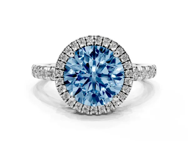 Fancy Blue Round Cut Diamond Halo Ring with Pavé Band and Four-Prong Setting White gold
