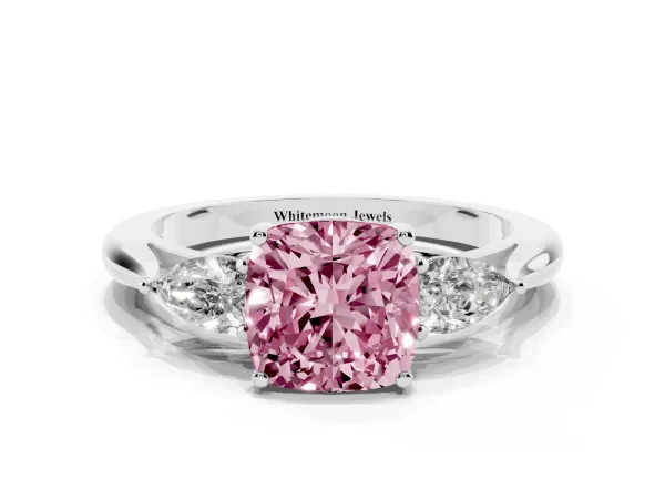 Fancy Pink Three-Stone Cushion Cut Brilliant Diamond Solitaire Ring with Tapered Band and Four-Prong Setting White gold