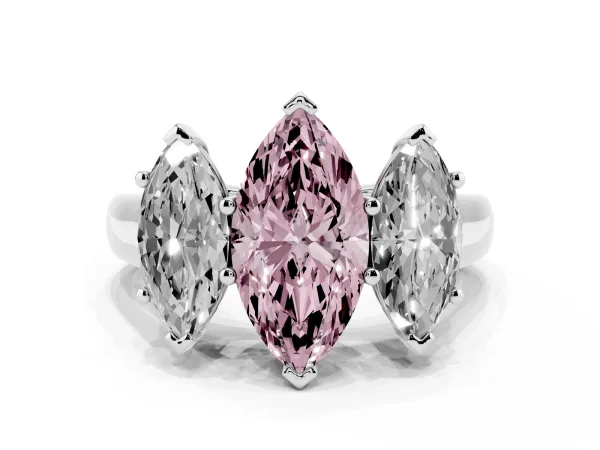 Fancy Pink Marquise Cut Three-Stone Diamond Ring with Prong Setting on a Classic Band Platinum