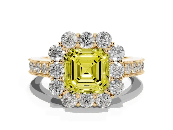Fancy Yellow Asscher Cut Cut Halo Diamond Pavé Engagement Ring with Milgrain Detailing Yellow gold