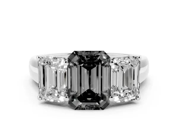 Fancy Black Emerald Cut Three-Stone Diamond Ring with Prong Setting on a Classic Band Platinum