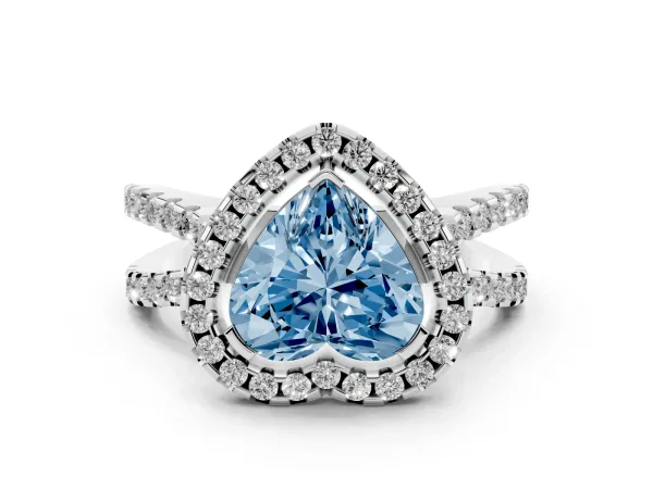 Fancy Blue Heart Cut Diamond Halo Ring with Split Shank Pavé Band and Prong Setting White gold