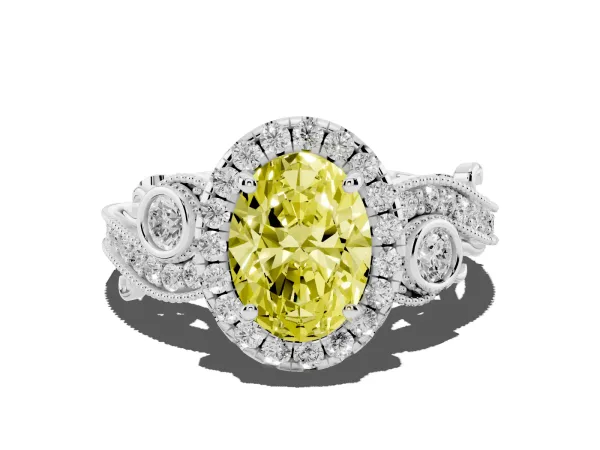 Fancy Yellow Oval Cut Diamond Halo Ring with Milgrain Pavé Band and Four-Prong Setting Platinum