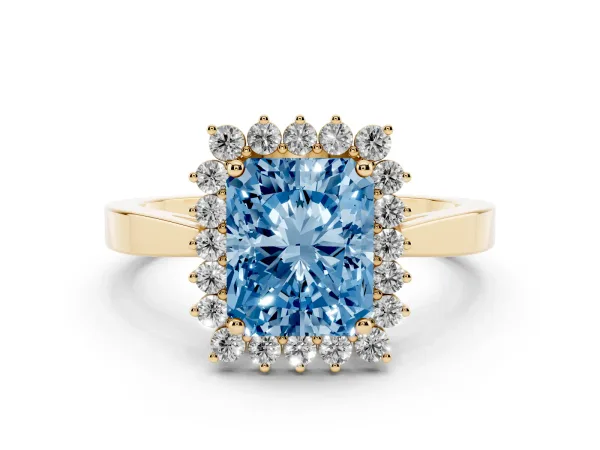 Fancy Blue Radiant Cut Cut Diamond Halo Ring with Round Brilliant Halo and Solitaire Band Yellow gold