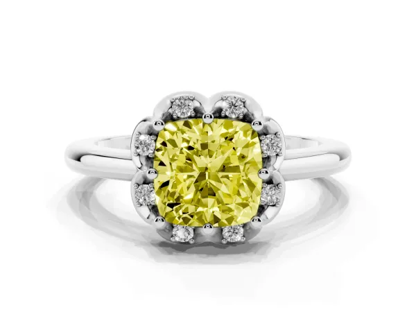 Fancy Yellow Cushion Cut Halo Diamond Ring with Round Cluster Setting, Solitaire Band, and Four-Prong Setting Platinum